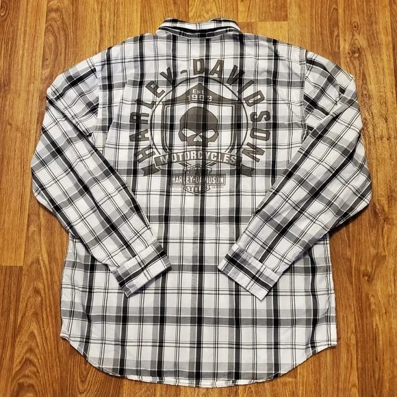 Harley-Davidson Shirt Men Large White Plaid Willie G Skull Button Up Motorcycle - Picture 2 of 7